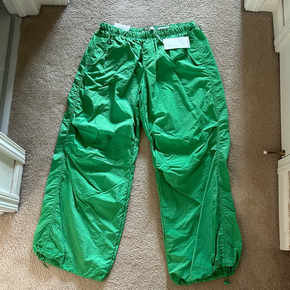 Bershka Bright Green Wide-Leg Parachute Pants — XL